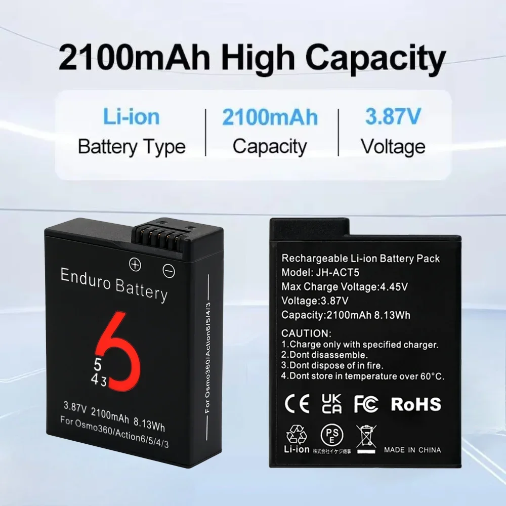 2100mAh Camera Battery for DJI Osmo Action 6 Action 5 Pro and 2 Slots Charger for DJI Action 6/5/4/3 Accessories