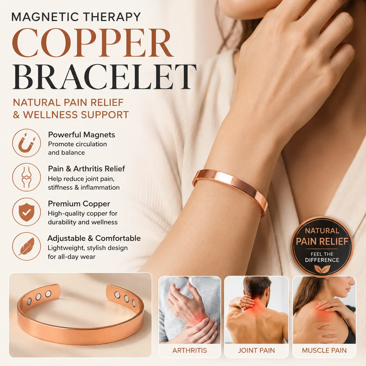Adjustable Open Copper Magnetic Bangle Vintage Energy Balance Joint Support Wellness Classic Unique Gift Men Women Bracelet
