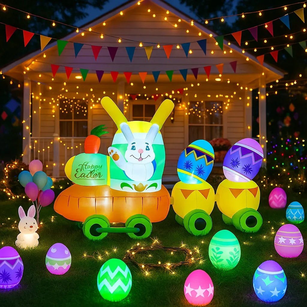 

Надувной пасхальный декор: поезд, кролик, корзина с яйцами, 2,8 м, разноцветный, для двора, праздничный, надувной, пасхальные украшения