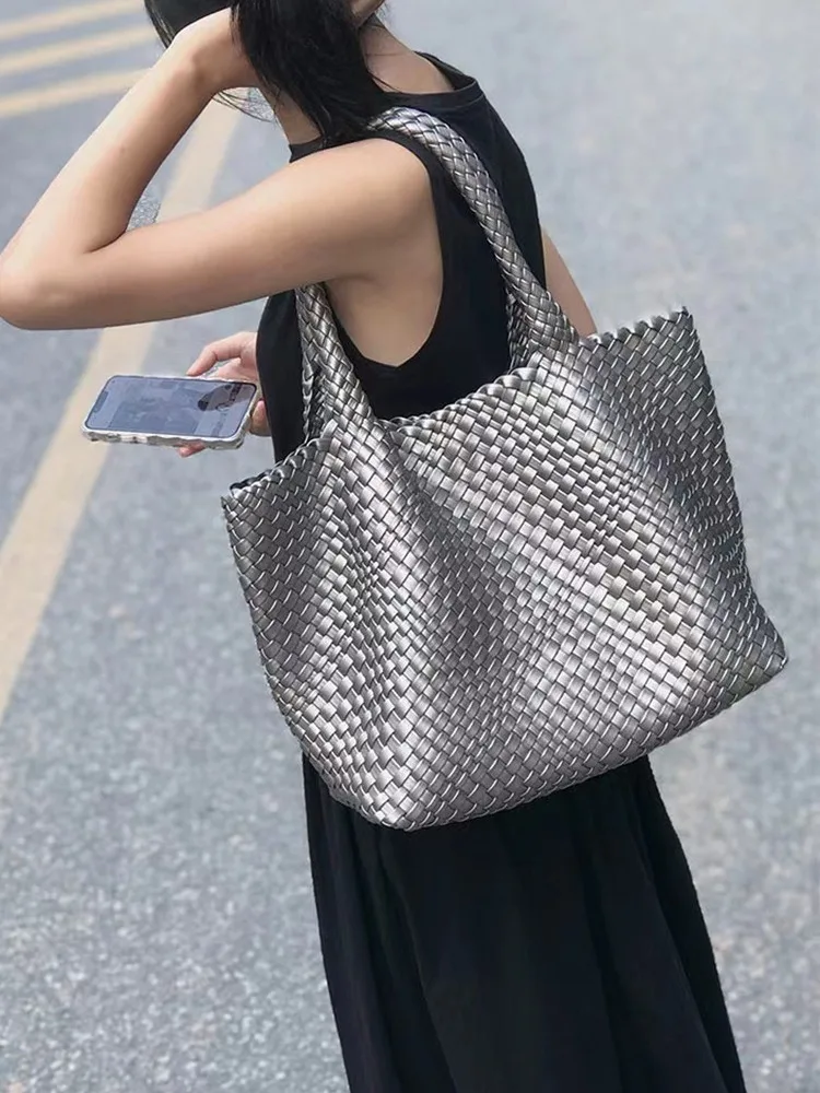 Ultra Soft Large Woven Shopper Tote Bag Spacious Vegan Leather Woven Handbag Purse Retro Handmade Travel Shoulder Bag Set image 4