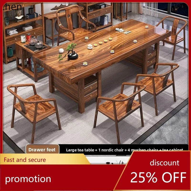 

ZML Walnut Wood Large Tea Table and Chair Set Whole Board Kung Fu Tea Brewing Table Office Home Use