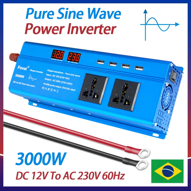 

Pure Sine Wave DC 12V to AC 230V 60Hz 3000W Peak LED Display With 4.8 A 4 USB 2 AC Universal Socket Car Adapter Power Inverter