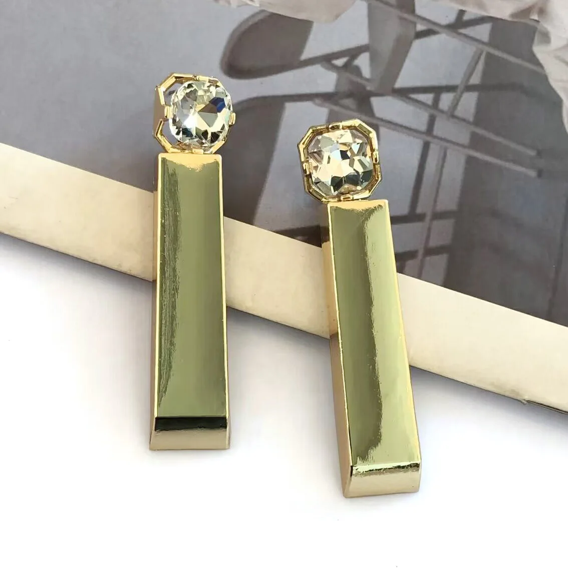 2026 New Golden Rectangle Metal Dangle Earrings Women Jewelry Indian Retro Geometric Statement Long Earrings With Rhinestone