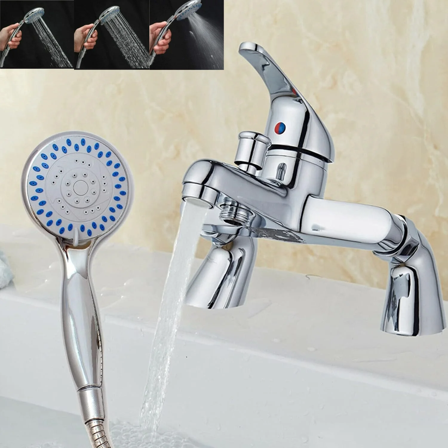 Bathroom Shower Filler Mixer Taps Single Handle Sink Faucets Hot & Cold Water Mixer Bathtub Tap with Round Handheld Shower Head