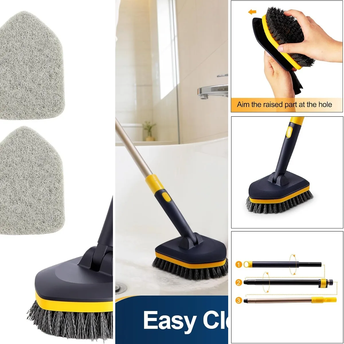 Tub Tile Scrubber Brush 2 in 1 Cleaning Brush 4*Scouring Pads 58.2' | Adjustable Pole Stiff Bristles for Cleaning Bathroom Kitch