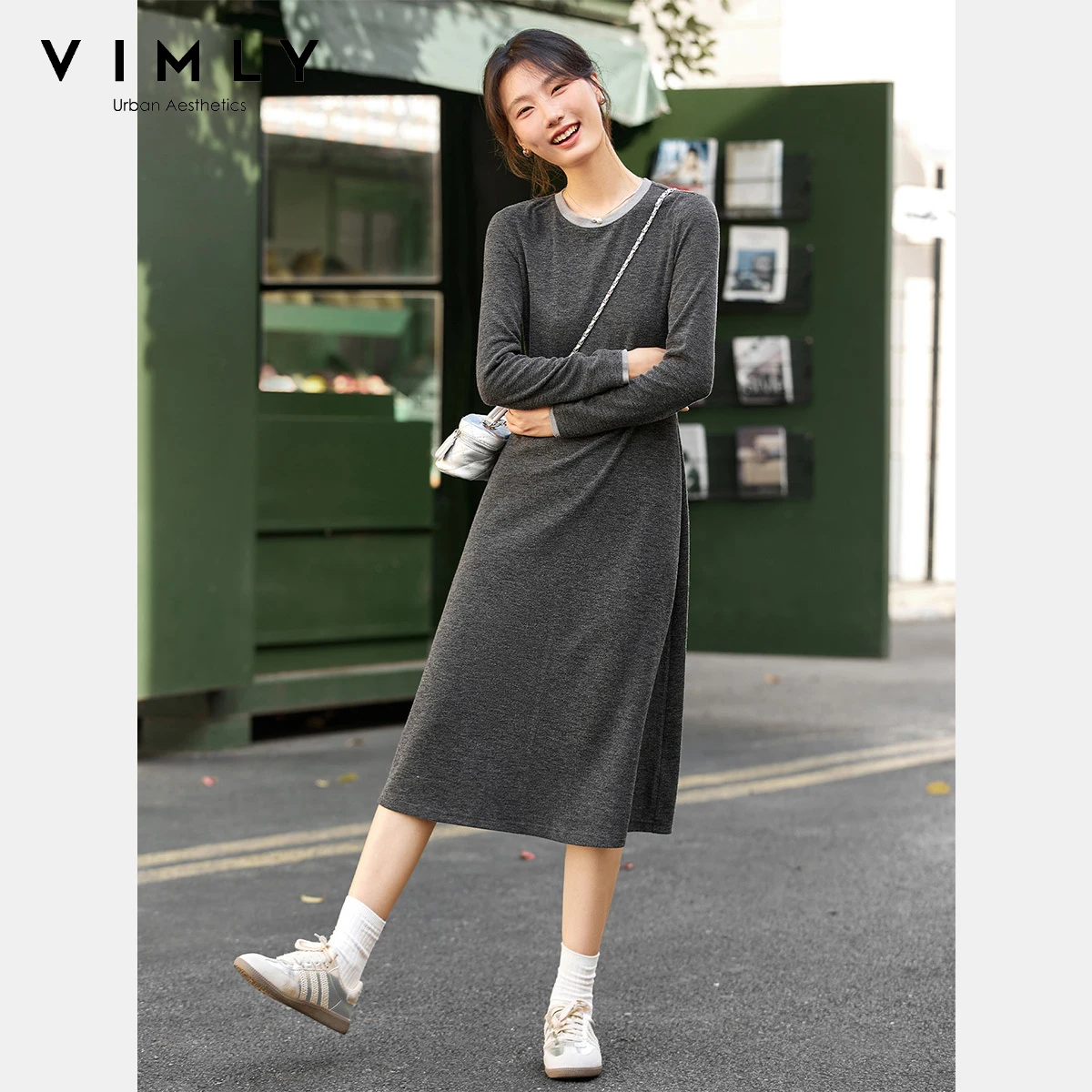 VIMLY Women's Grey Dresses Autumn 2025 Elegant Contrast Color O-neck Ladies Dress Casual Long Knitted Slim Female Dresses A2793 - Image 2