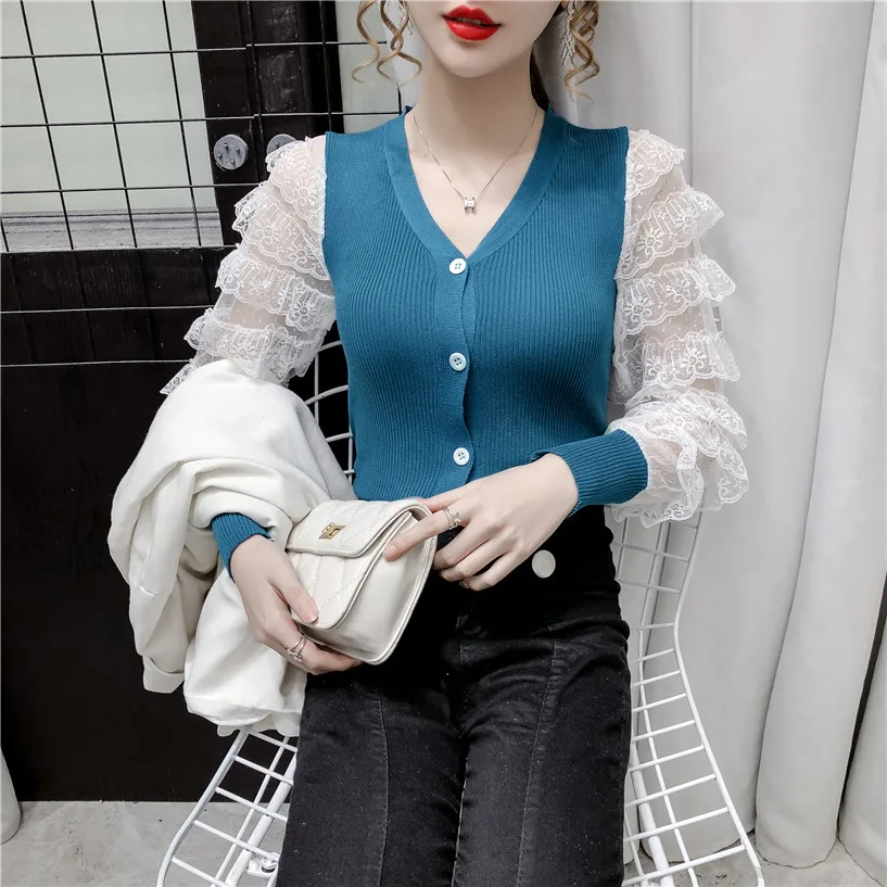 Spitze lange Rüschen Kuchen Ärmel offenen Stich Pullover Strick Spleißen Herbst Winter Tops koreanische Mode süße Designer-Pullover