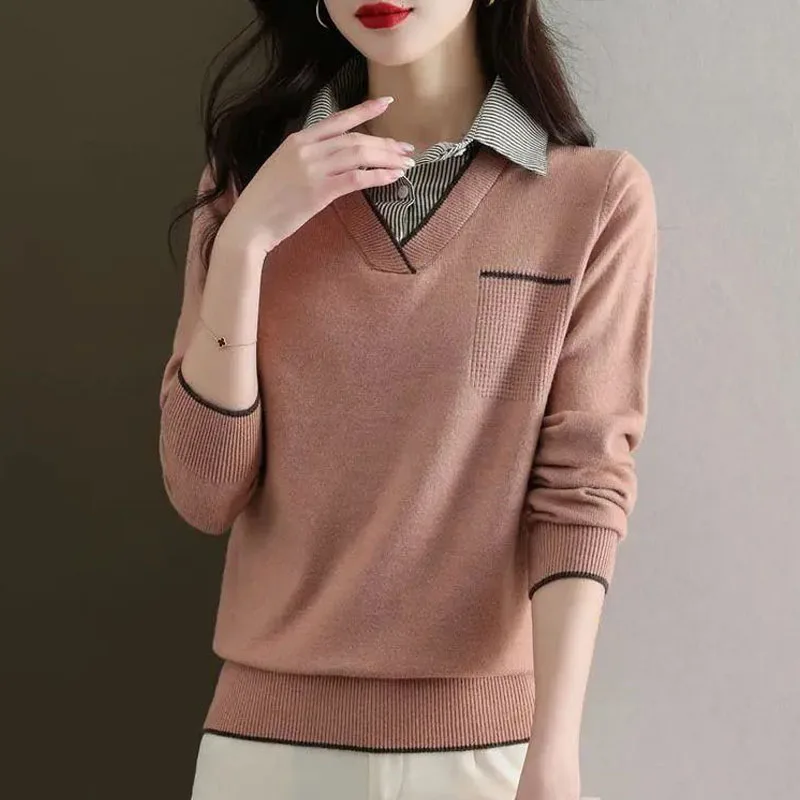 New Spring and Autumn Fashion Foreigner Fake Two Piece Short Shirt Collar Loose Versatile Women\'s Long Sleeve Knitted Sweater