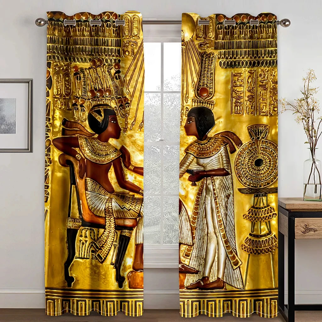 Black Gold Pharaoh Egyptian Granny Free Shipping 2 Pieces Thin Shading Drapes Window Curtain For Living Room Bedroom Home Decor