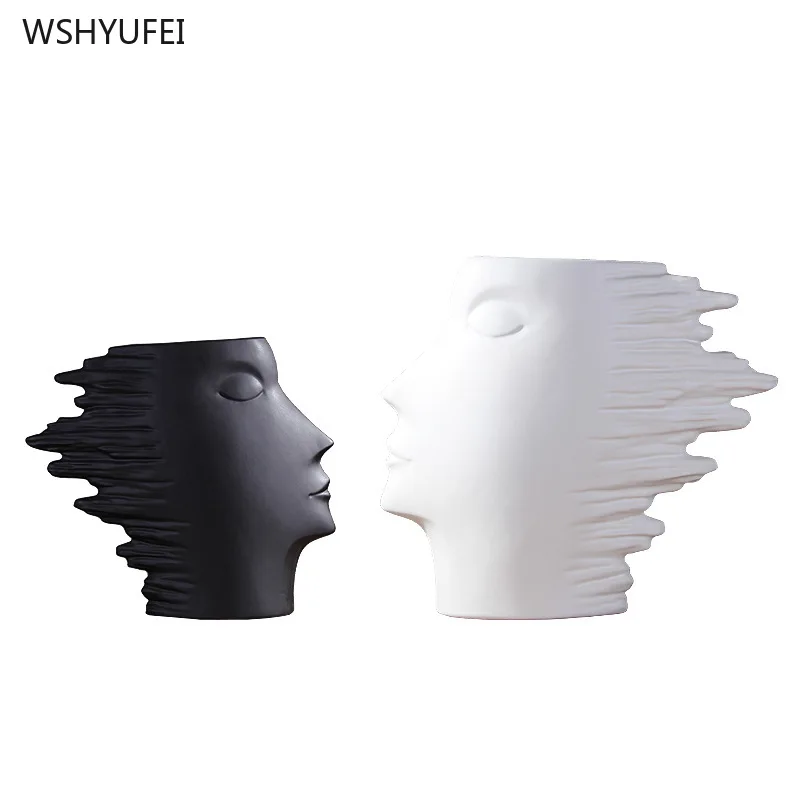 

Creative Ceramic White Black Avatar Abstract Human Head Art Face Vase Modern Home Living Room Flower Shop Decoration Ornaments