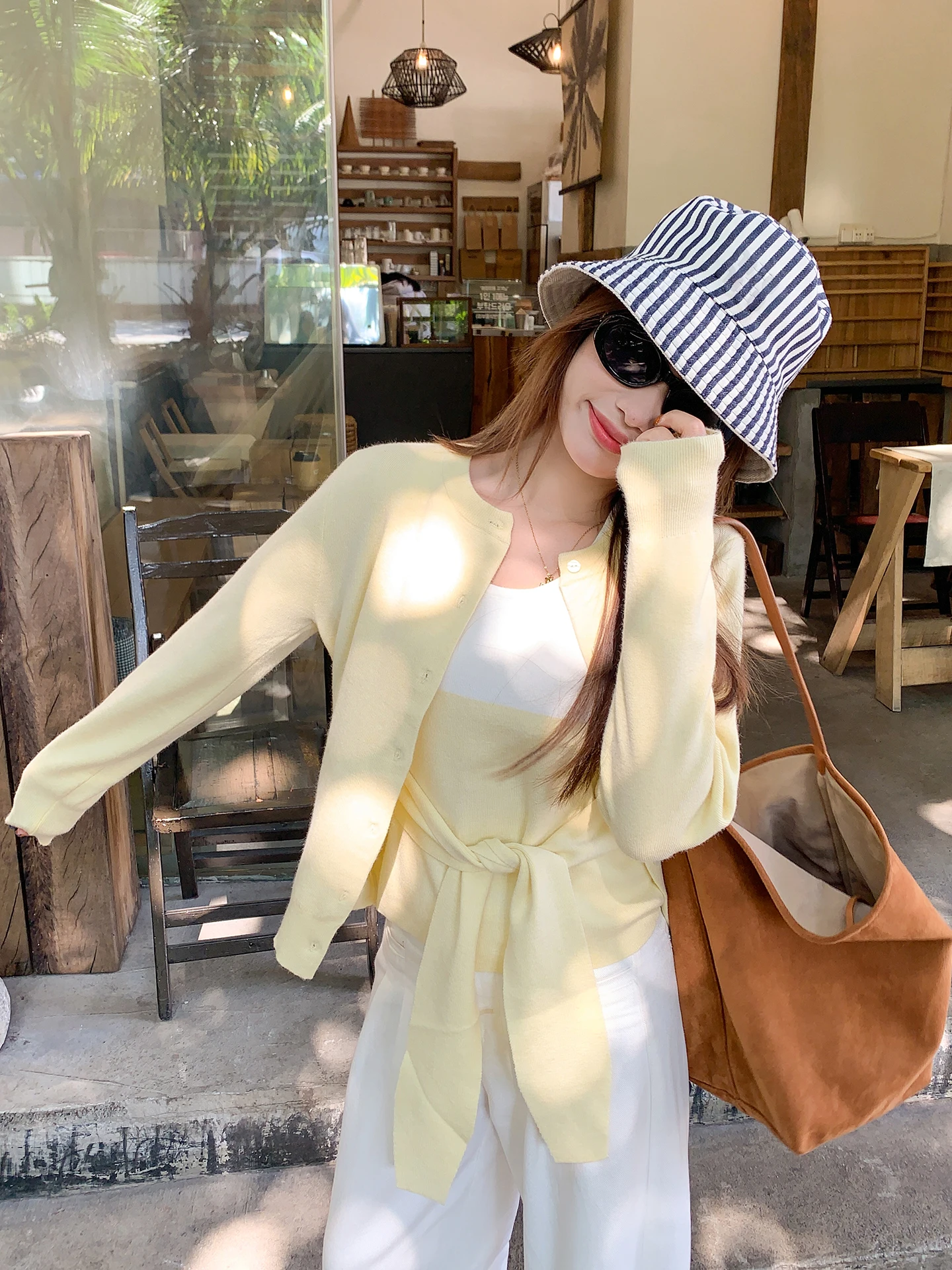 

Женский вязаный кардиган Zeng Xiao Salt Korean Sle Yellow с открытым передом, весенне-осенний свитер, комплект из двух предметов