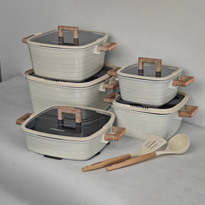 DONNOR 15 Stuks non-stick Vierkante Soeppan Set Bakeliet Handvat Stoofpot Koekenpan Kachel Universele Kookgerei Set melk Kookpot Set - afbeelding 1