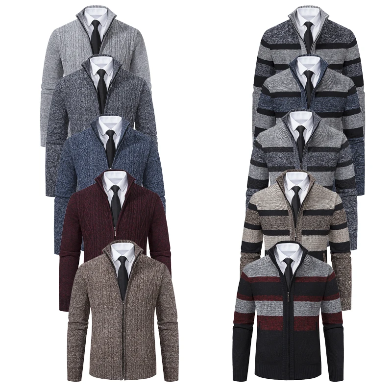 

2025 зимний повседневный свитер с воротником-стойкой и длинными рукавами на молнии для мужчин, многоцветный теплый мужской кардиган/трикотаж в рубчик, европейский размер