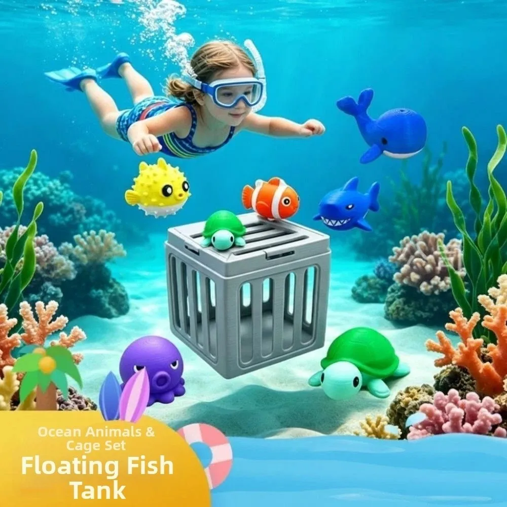 Diving Animal Cage Rescue Pool Toy, Underwater Sea Creature Dive Game Set, Kids Swimming Bath Water Play Toys