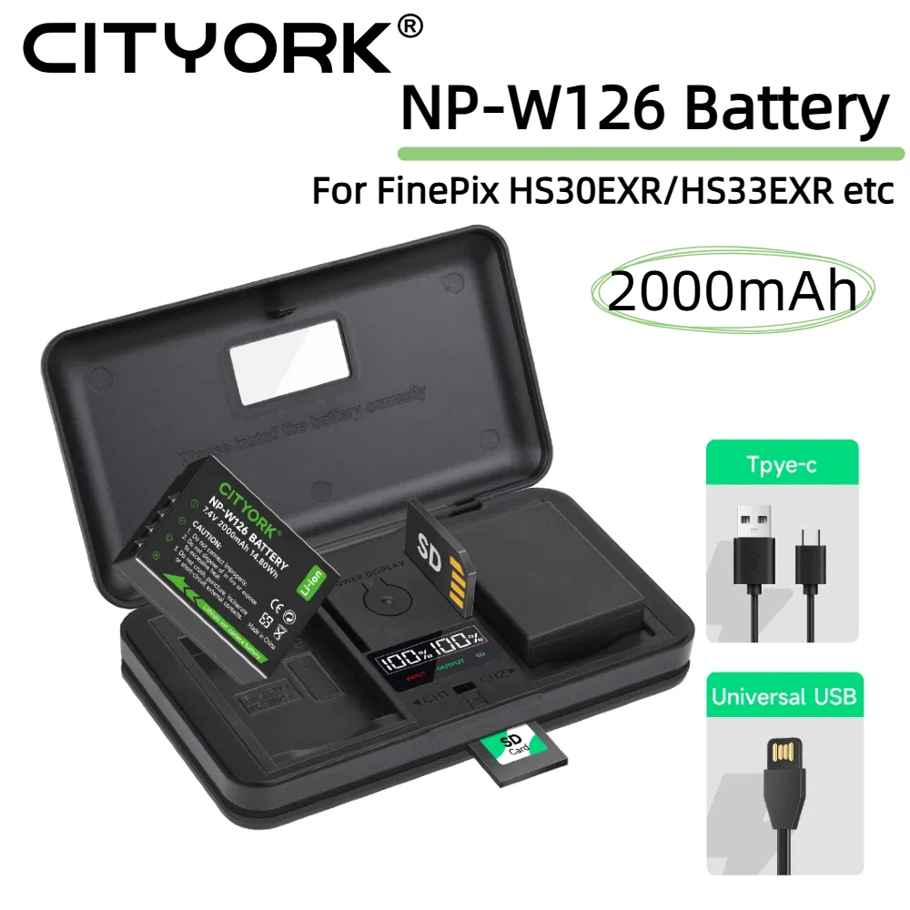 CITYORK 2000mAh NP-W126 Battery With 2-Slots LCD Charger For FinePix HS30EXR HS33EXR HS35EXR HS5OEXR X-A1 X-A3 X-Pro1 X-T20