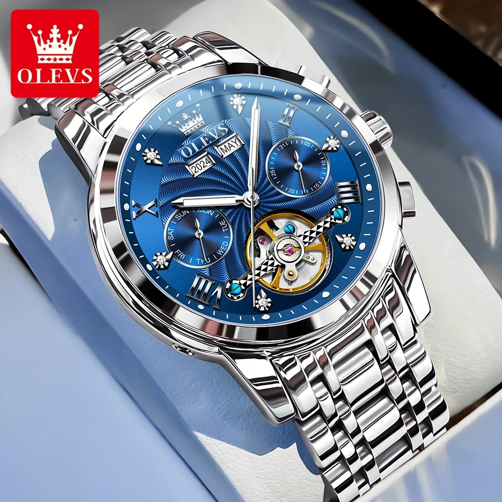 

Мужские часы OLEVS, модные механические часы с календарем для мужчин, оригинальные деловые наручные часы с полым стальным ремешком, глубокая водонепроницаемость 7088