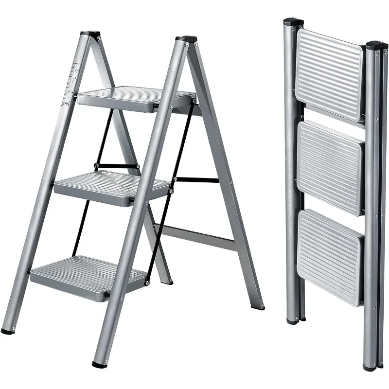 3 Step Ladder, Lightweight Folding Step Stool with Anti-Slip Wide Pedal, Portable Sturdy Steel Ladder 3 Steps