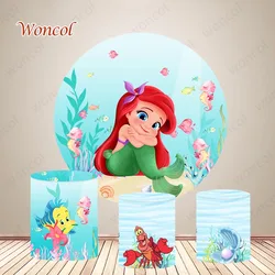 Disney Ariel Birthday Round Backdrop Baby Shower Mermaid Backdrop Undersea Little Mermaid Round Cylinder Cover Decor Photo Prop