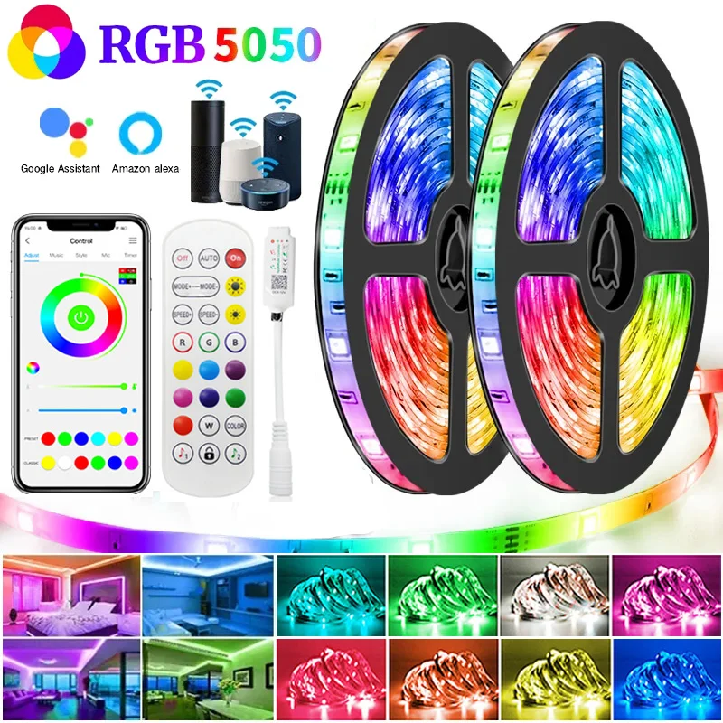 LED 스트립 조명, 와이파이 5050 RGB LED 조명, DC12V 블루투스 앱 제어, 유연한 램프 리본 TV 백라이트 룸 장식, LED 테이프 다이오드