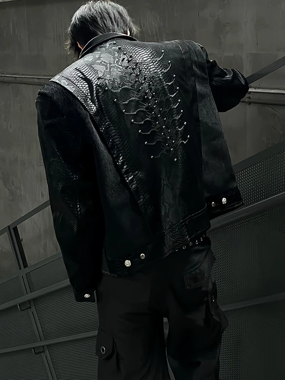 

Cleanfit Bla Snake Eye Spine ort Jaet Men's Spring Autumn Patchwork Rivet Embroidery Collar Jaet k Sle Zipper