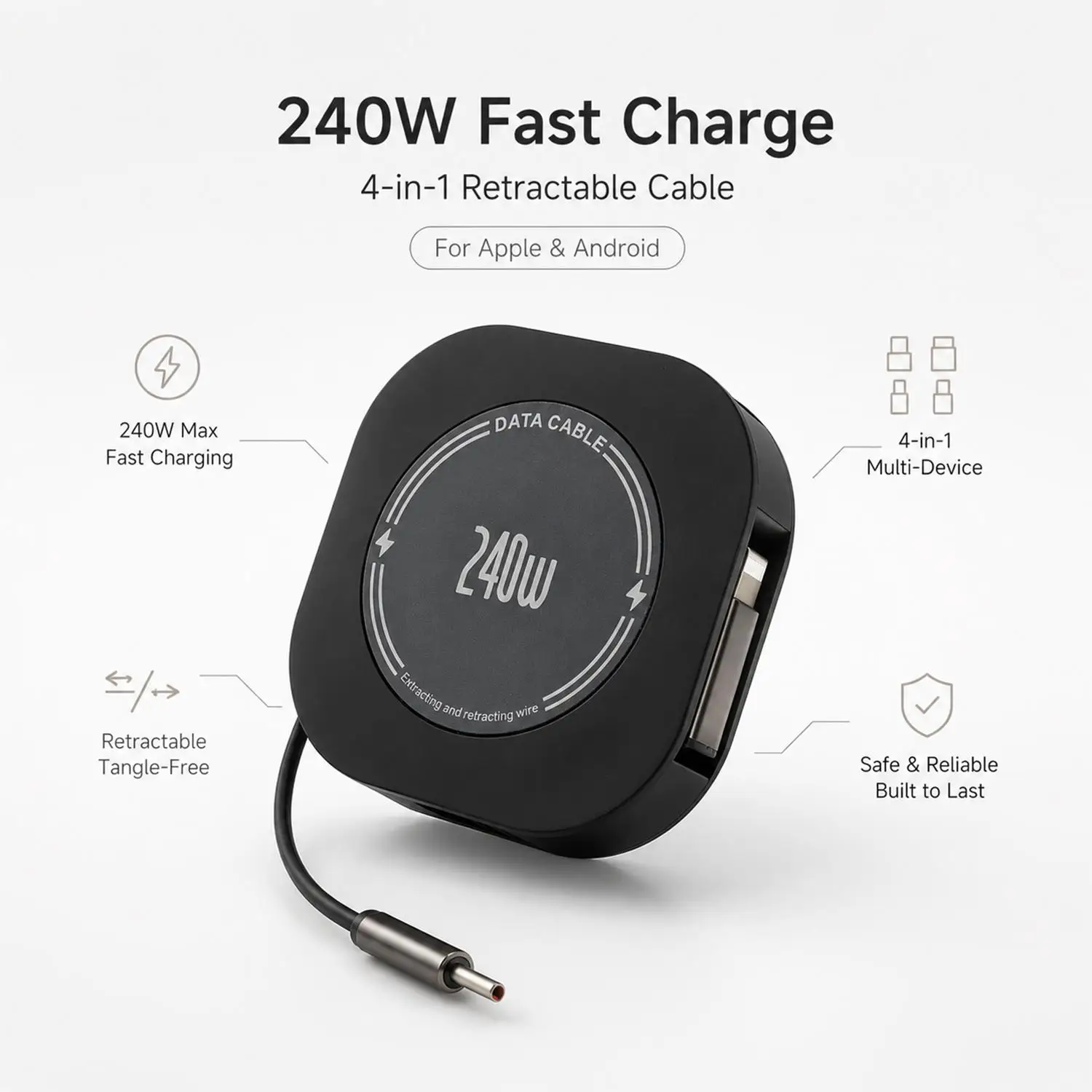 240W Telescopic Integrated Charger For Lightning/Micro USB/TYPE-C Port Fast Charging Cable For Phones Tablet Laptop Universal