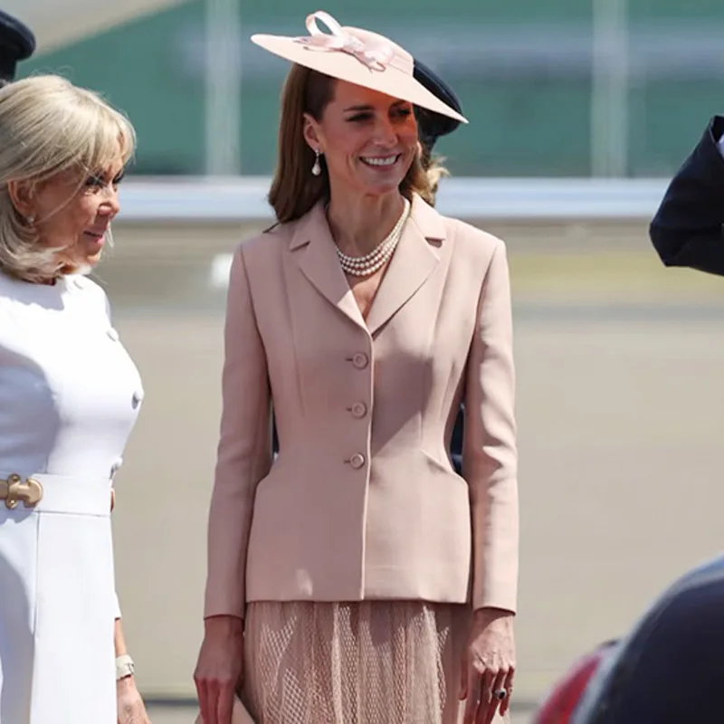 كيت ميدلتون 2025 خريف جديد المرأة دعوى طوق كم طويل ملابس خارجية شبكة ميدي تنورة مجموعة أنيقة تخفيف نمط لون نقي