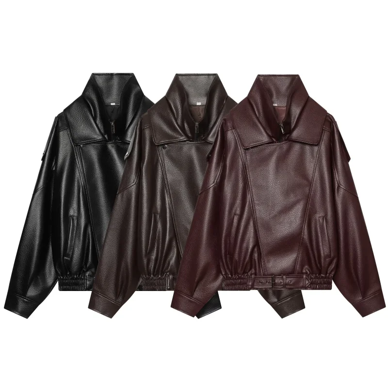 Female High Neck Long Sleeves Coat With Pockets PU Leather Zipper Outerwear Soft And Comfortable Women Daily Jacket Loose Fit