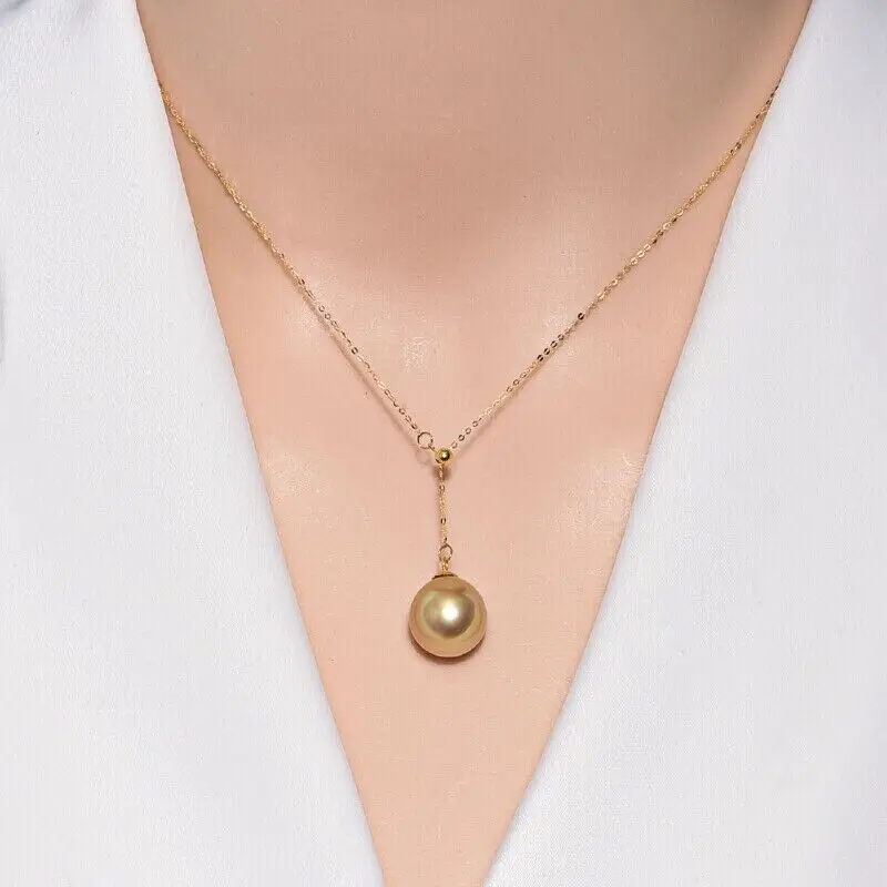 huge AAAA 10-12mm Round south sea Golden pearl pendant necklace 18K /20