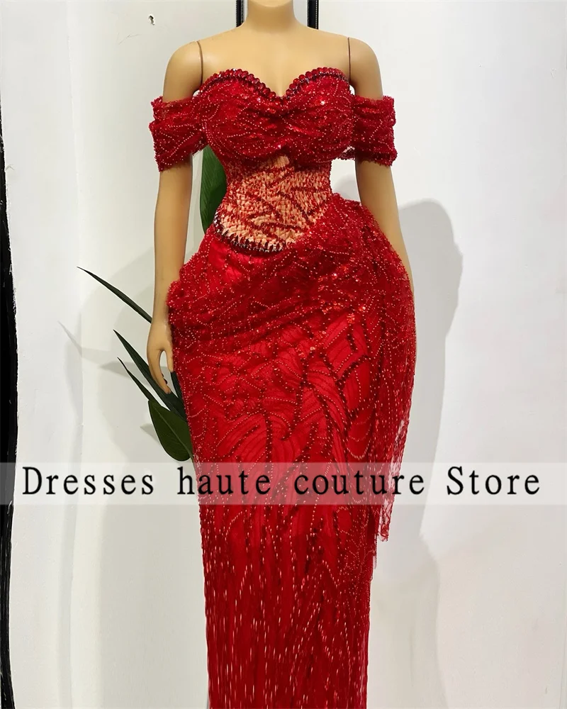 Aso Ebi Red Lace Beaded Off The Shoulder Mermaid Evening Dresses 2025 Sparkly Crystals Wedding Party Gowns Prom Dress Customized