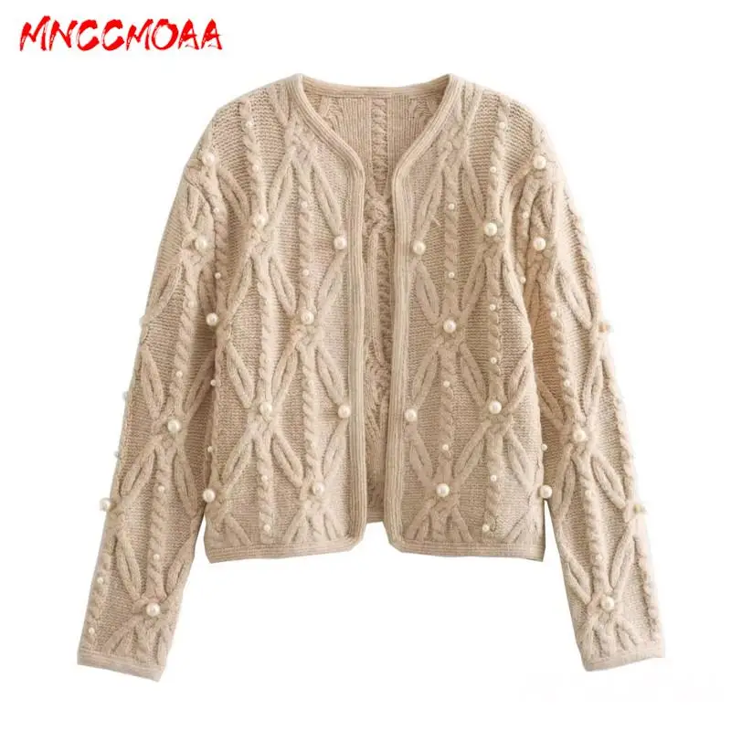 MNCCMOAA-Knitted Cardigan for Women, Long Sleeve, Faux Pearl, Short Sweaters, Jacket Coat, Female Fashion, Autumn, Winter, 2024