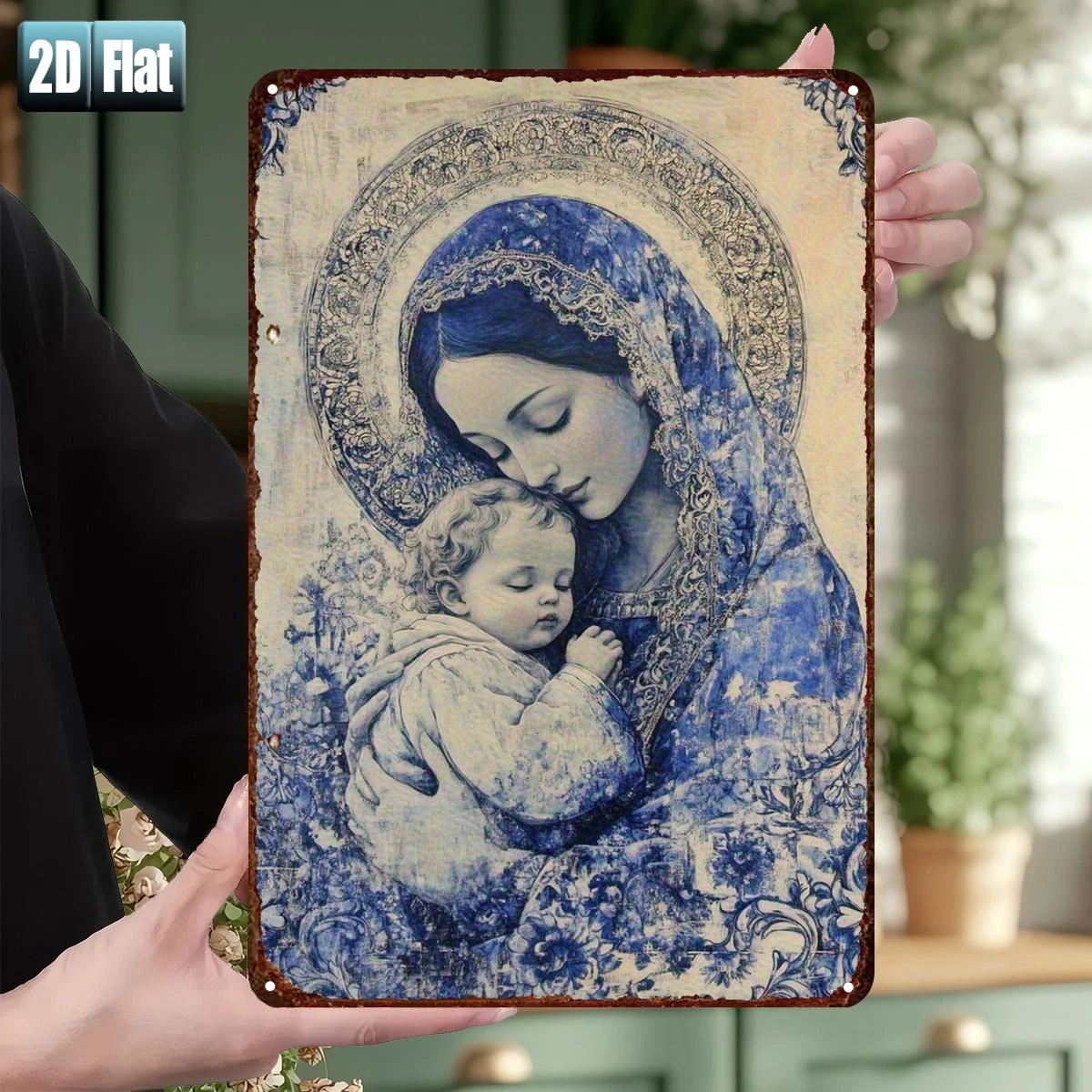 2D Vintage Metal Sign, Blue White Porcelain Art Madonna Child, Flat Tin Plate Wall Decor for Room Restaurant Bar Garage