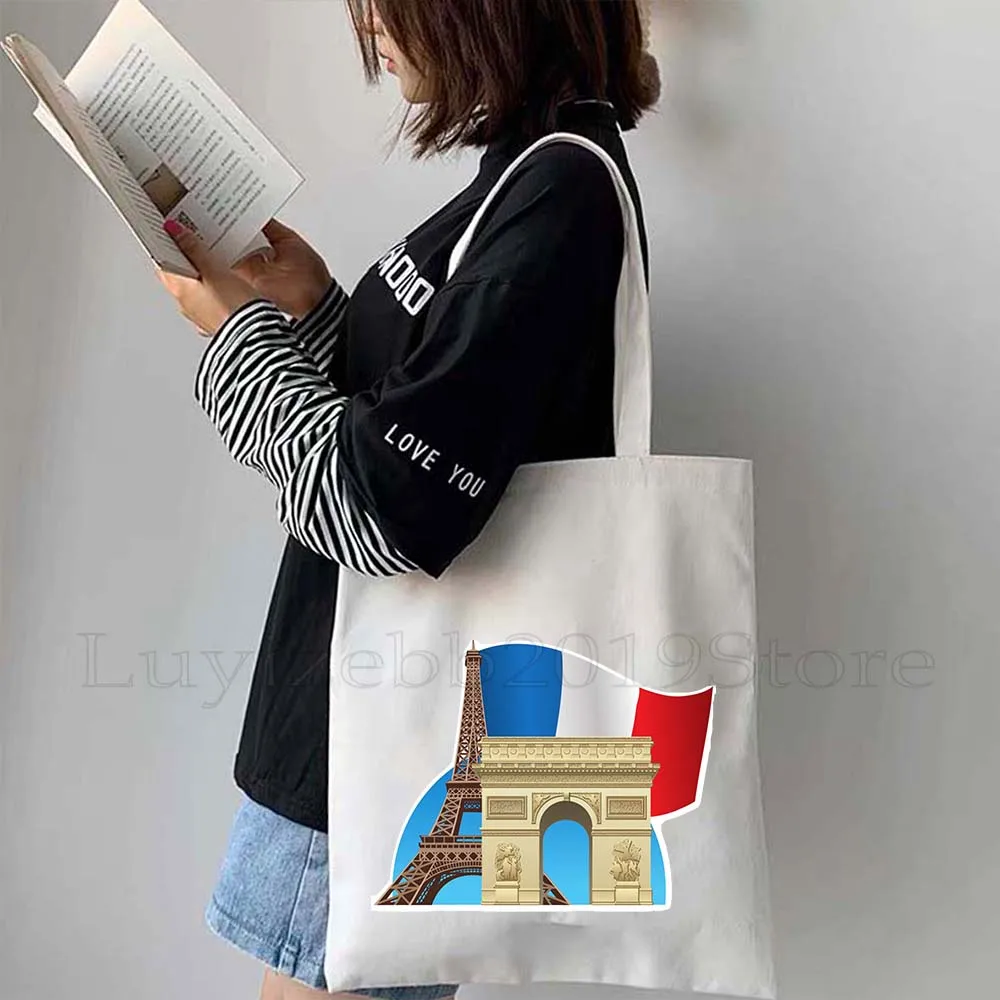 Love Paris France Map Flag Eiffel Tower City Landmarks Pug Life Oh La La Baguette French Food Canvas Shoulder Tote Bag Handbag
