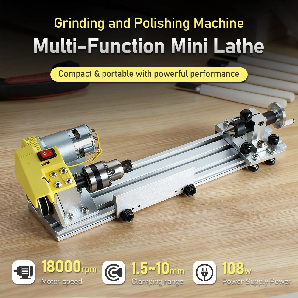 Mini Torno de 108W con Velocidad Variable de 200-3600 RPM, Potente Torno para Pulir Cuentas, Rectificar, Trabajar la Madera y Proyectos de Bricolaje