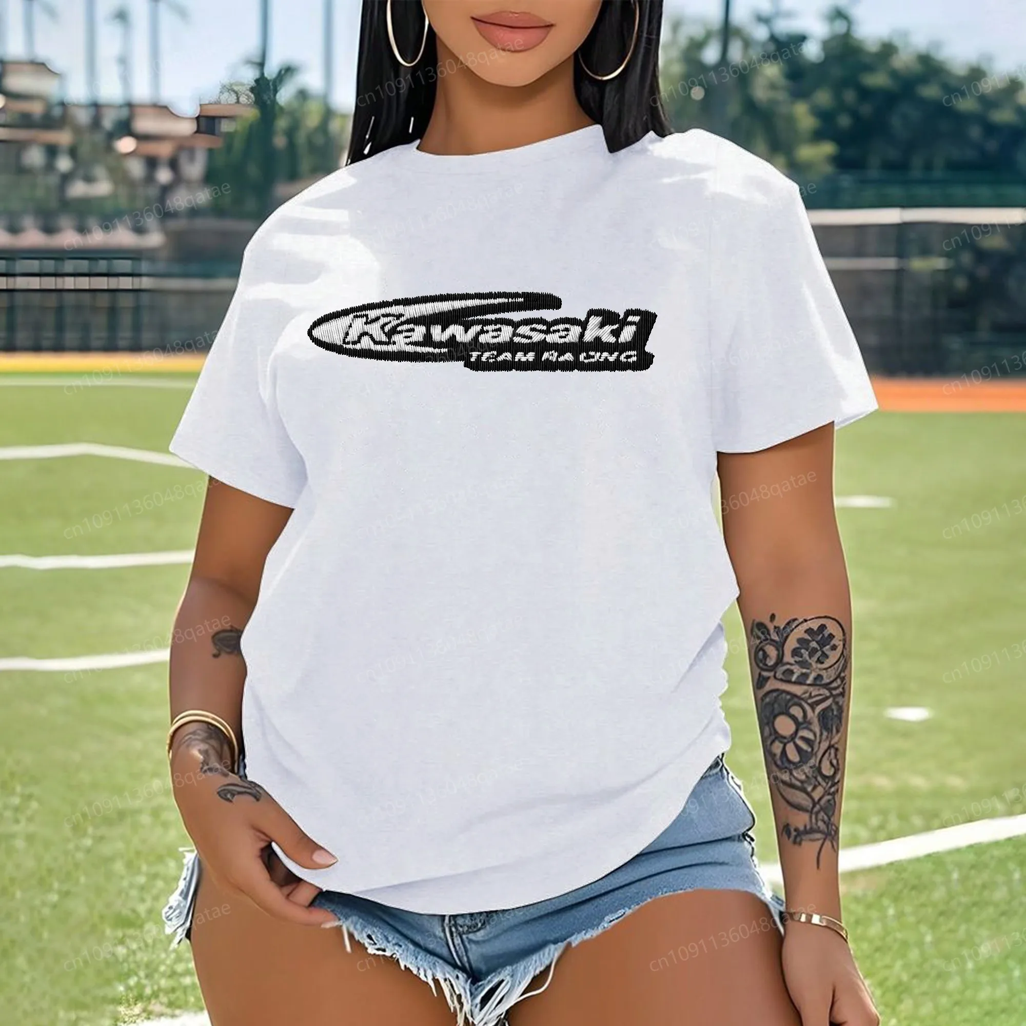 

Female Clothing High-quality Embroidery 3D Printing Kawasaki Combed Cotton Y2k Clothes Texture Women's T-shirt O-neck Woman Top
