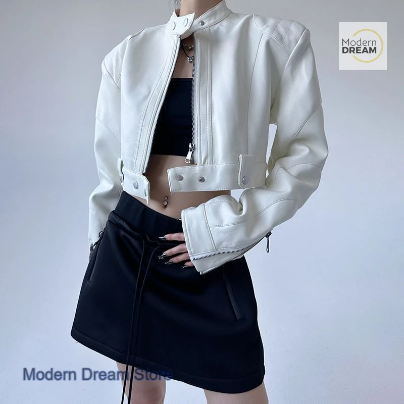 

American spice girl cuff zipper leather motorcycle short jacket leather women's autumn and winter fashion Joker temperament coat