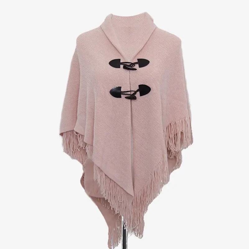 Spring Autumn New Style Shawl Cape Tassel Ox Horn Buckle Solid Color Irregular Double-Layer Tassel Cloak Shawl Sunscreen Red 11