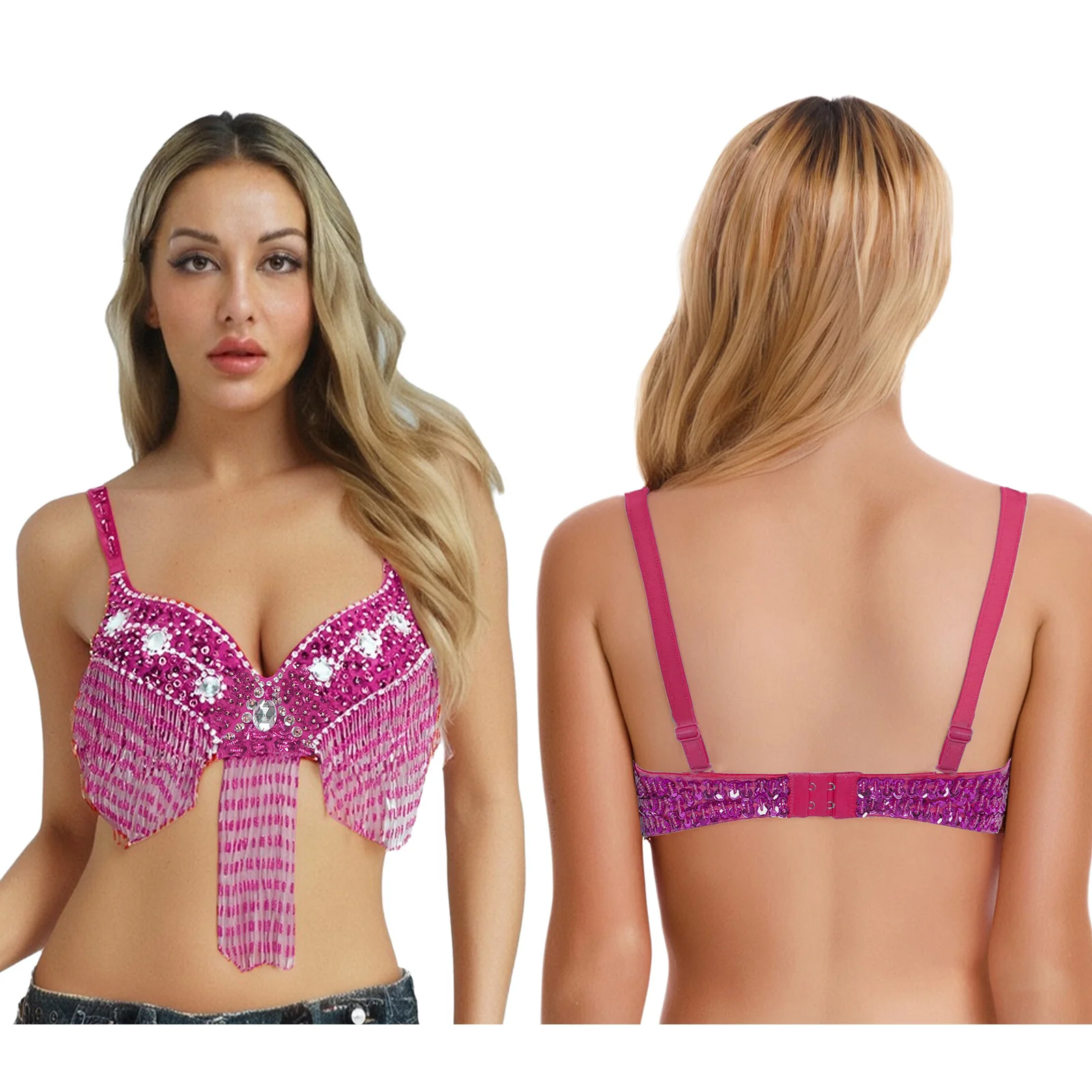 Sujetador para danza del vientre para mujer, Tops con lentejuelas brillantes, cuentas de plástico, flecos, sujetador con aros, Push Up, Balconette, Salsa, Rumba, traje de baile