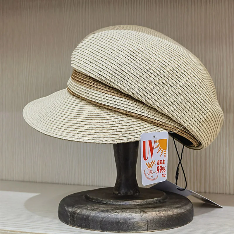 UV Protection Straw Cap Women Sun Hat Brim Visor Hat Straw Flat Ivy Newsboy Hat Cabbie Beret Hat Paperboy Outdoor Beach Hat