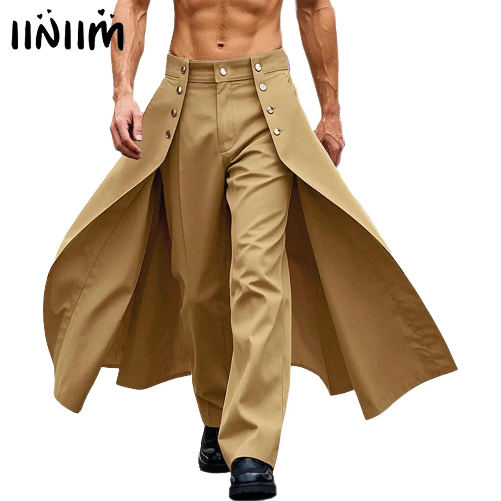 

Mens Steampunk Tailcoat Pants with Attached Long Tail Buttons Decor Straight Long Pants Culottes Gothic Costume Streetwear