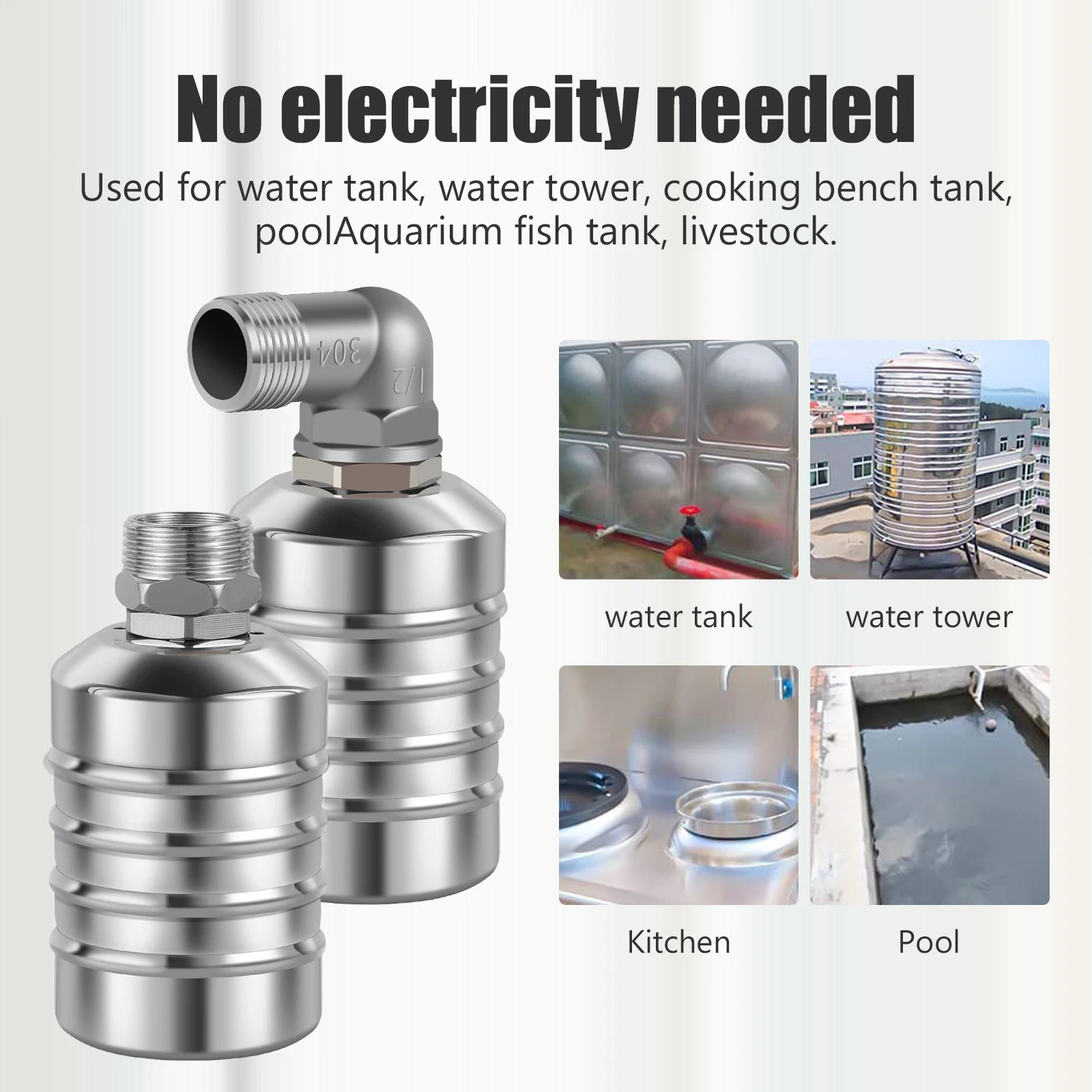 Float Valve 1/2" Water Float Valve Stainless Steel Fully Automatic Water Level Control Float Valve for Water Tank Pool Troughs