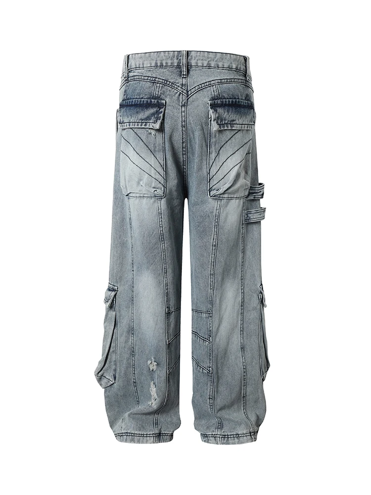 Retro American High Street Heavy Duty Multi Pocket Ripped Belt Design Loose Straight Leg Jeans Men Women Trendy Casual Wear