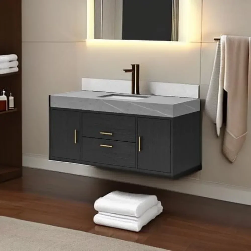 48 Inch Wall Mounted Bathroom Vanity with Sintered Stone Countertop and Ceramic Basin Sink with 2 Drawers & 2 Storage Cabinet