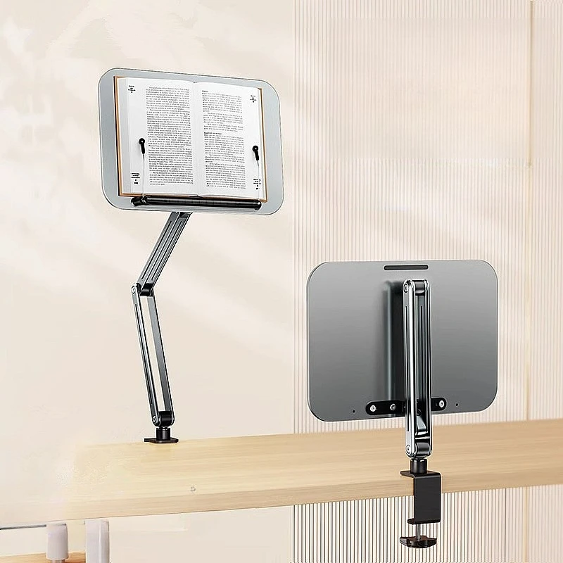 Book Stand, Adjustable Rotating Desktop Holder, Ergonomic Folding Tablet Riser, Articulating Arm Reading Shelf