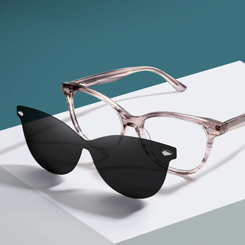 BEMORE Woman Square Clip on Polarized Sunglasses Handmade Acetate Anti-Blue Light Progressive Multifocal Prescription Eyewear