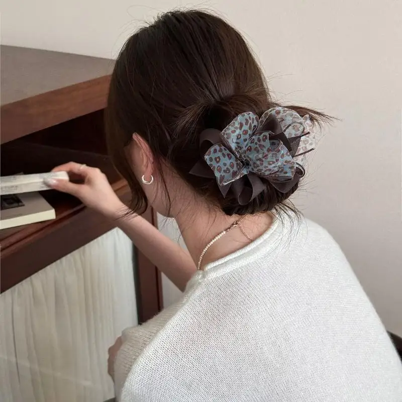 Bow Hair Scrunchies Cute Chiffon Leopard Plaid Pattern Elastic Hair Bands Perfect Birthday Gift for Girls Daily
