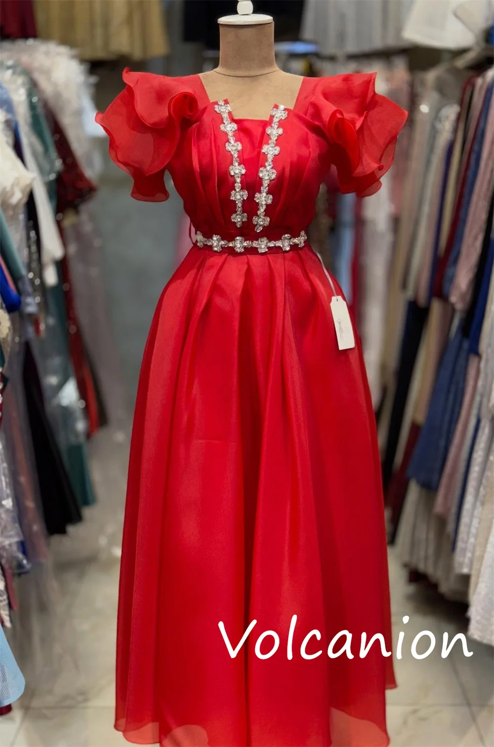 Customized Chinese Style Organza Sequined Pleat A-line Square Neck Midi Dresses Bespoke Occasion Simple