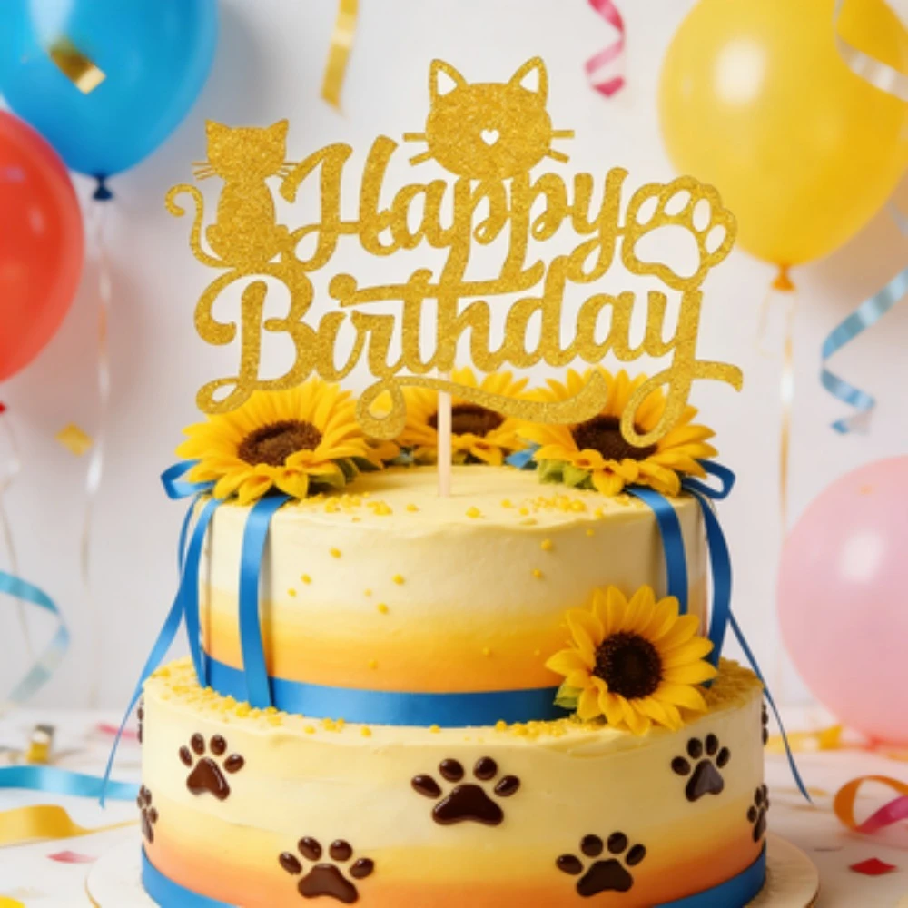 1 Stück Goldener Glitzer-Katzen-Kuchenaufsatz Set Entzückendes Kätzchen-Thema Kuchendekoration für Babypartys, Kindergeburtstage – Detail 4