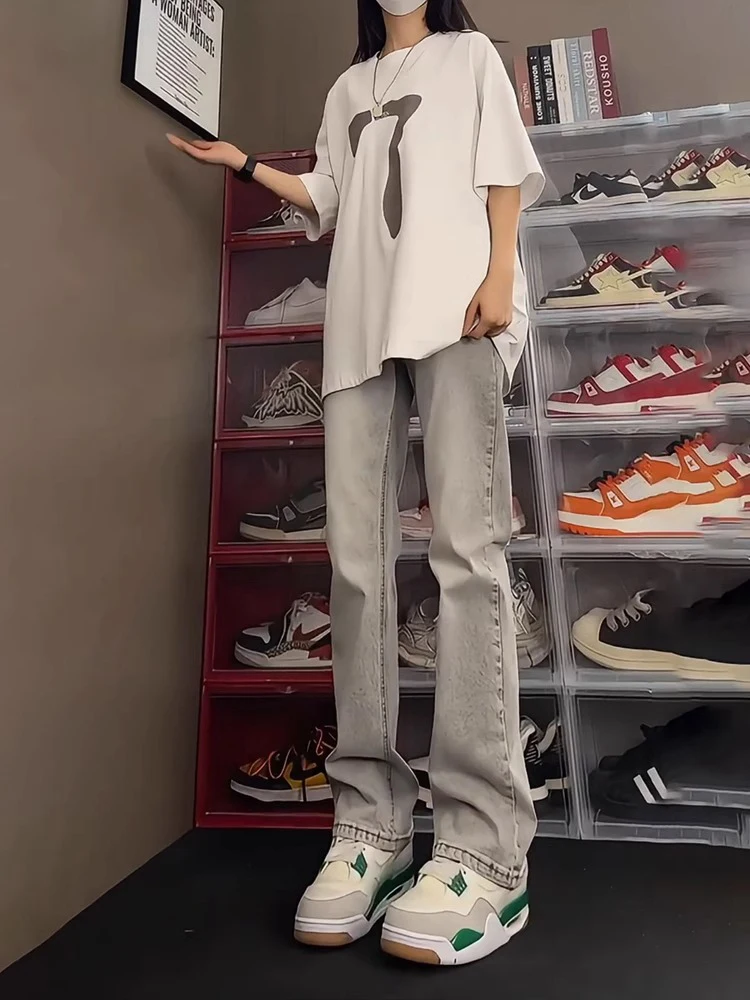 

Waed Light ey High Waist Bell Bot Jeans Slim Fit American Vibe Men's Denim Pants Long Straight Tube Trousers