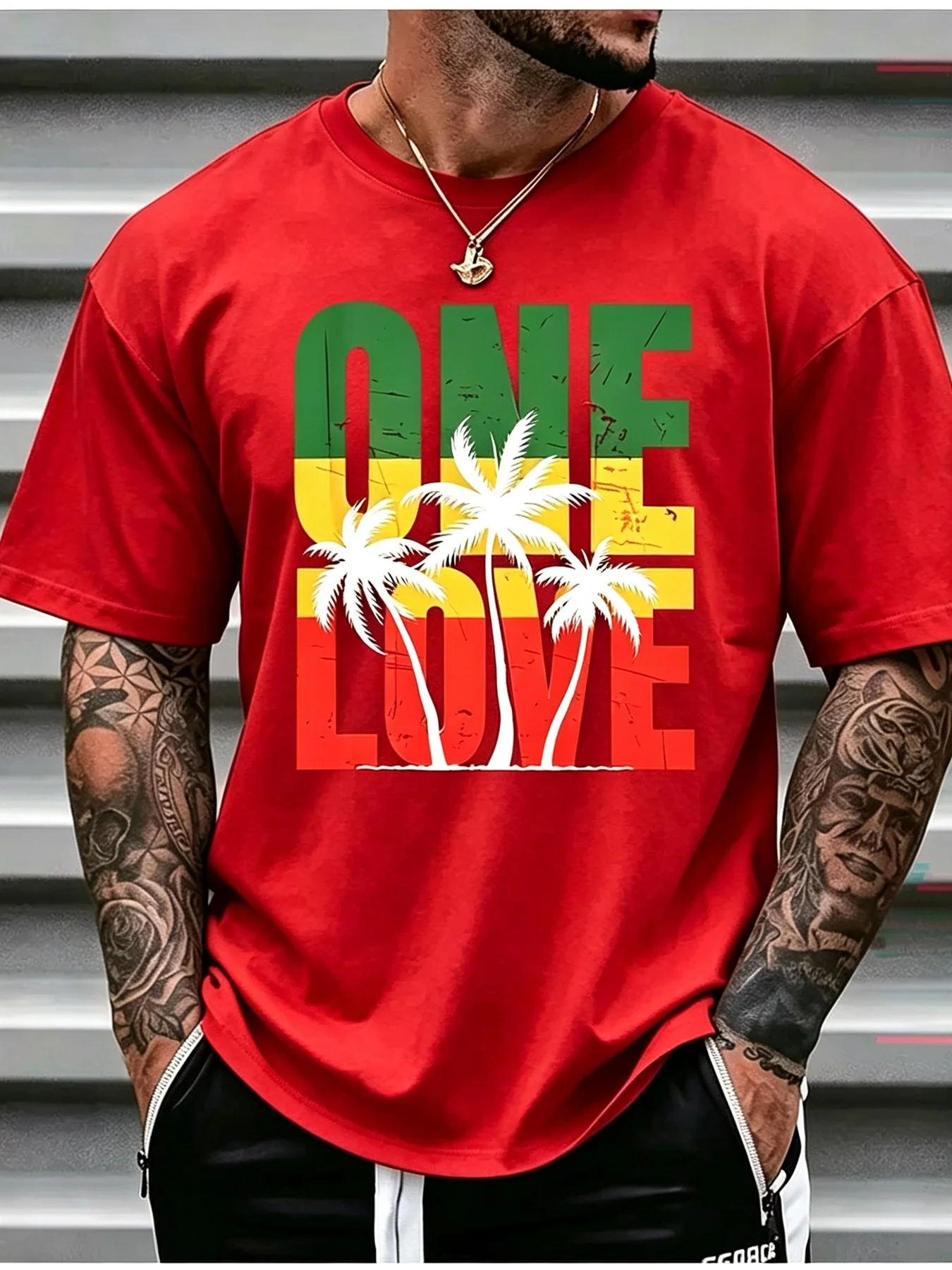 2026 Men's Palm Tree One Love Pattern Print Trendy Fun Loose Crew Neck Short Sleeve T-Shirt Beach Vacation Style Top