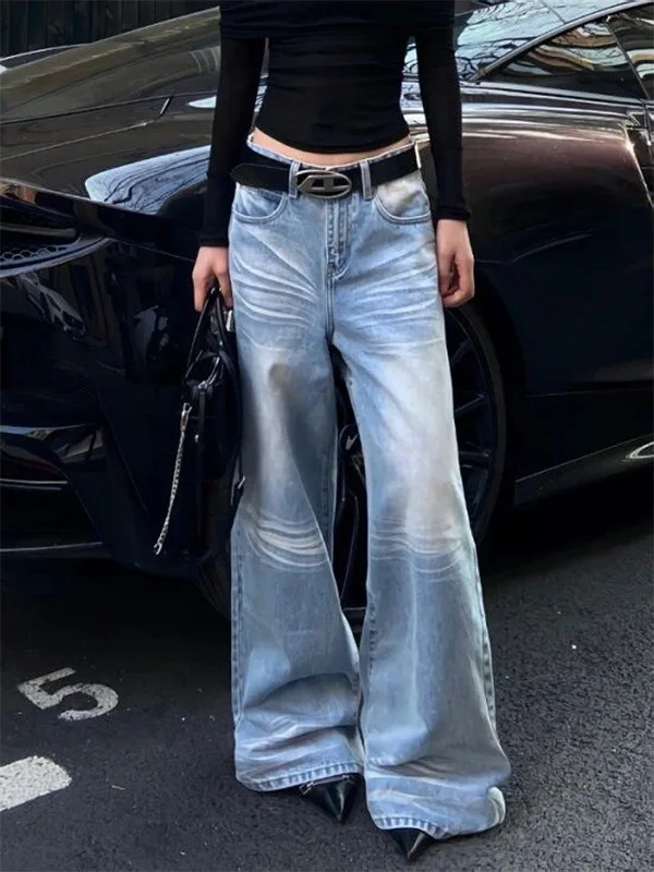 

Джинсы Waed Ice Blue с волнообразным узором, свободные прямые повседневные брюки в стиле High Street, винтажные молодежные длинные джинсы